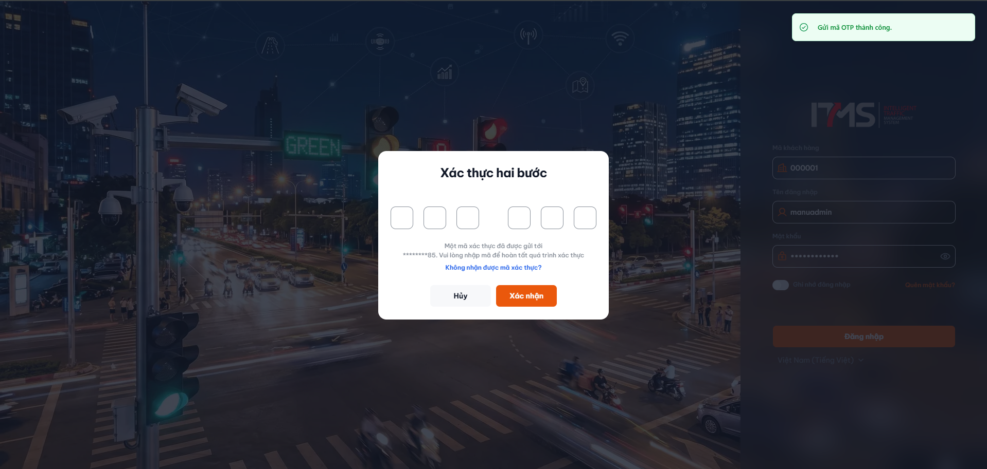 Màn hình xác thực khi bật SMS