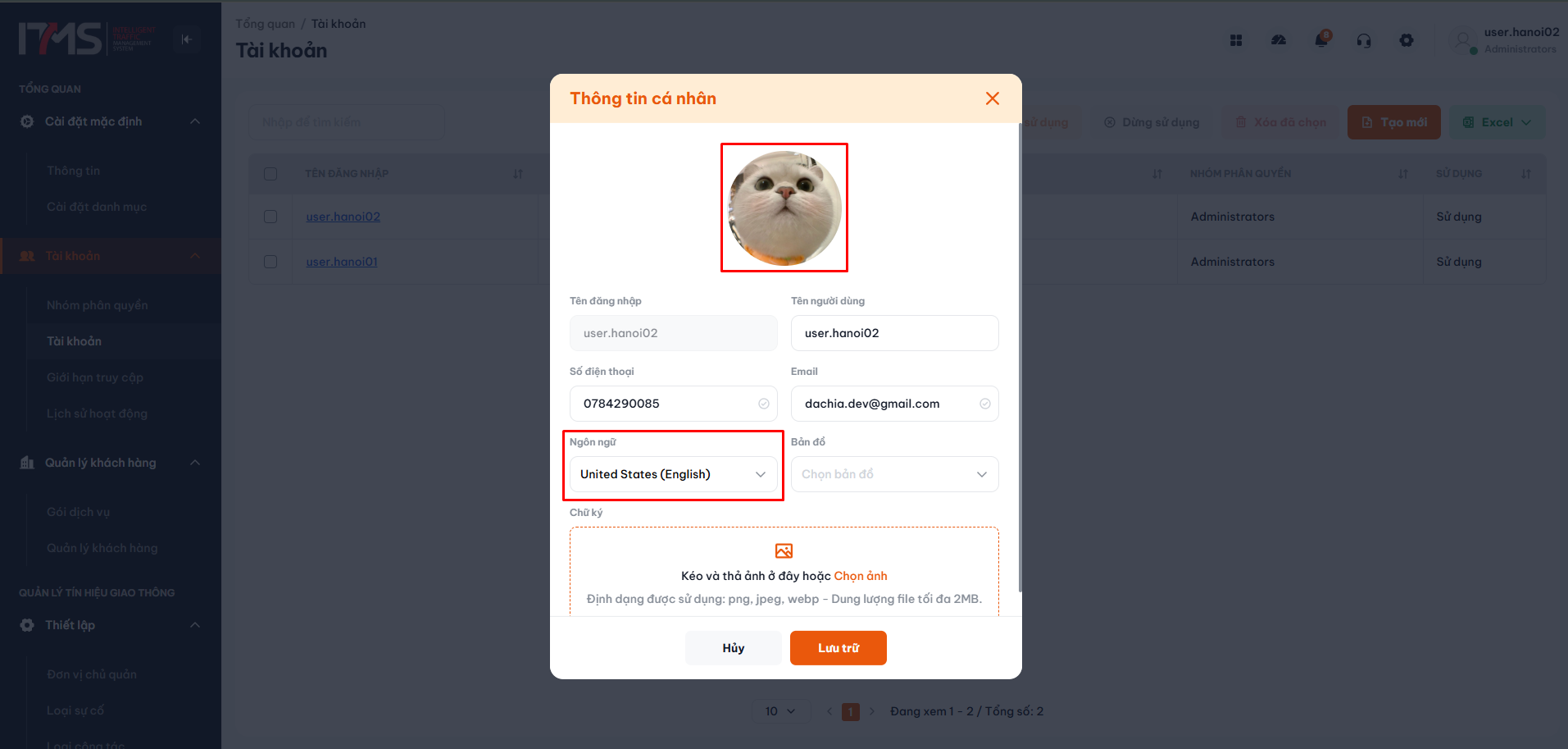 Thao tác thay đổi Avatar và Ngôn ngữ trong form Thông tin cá nhân