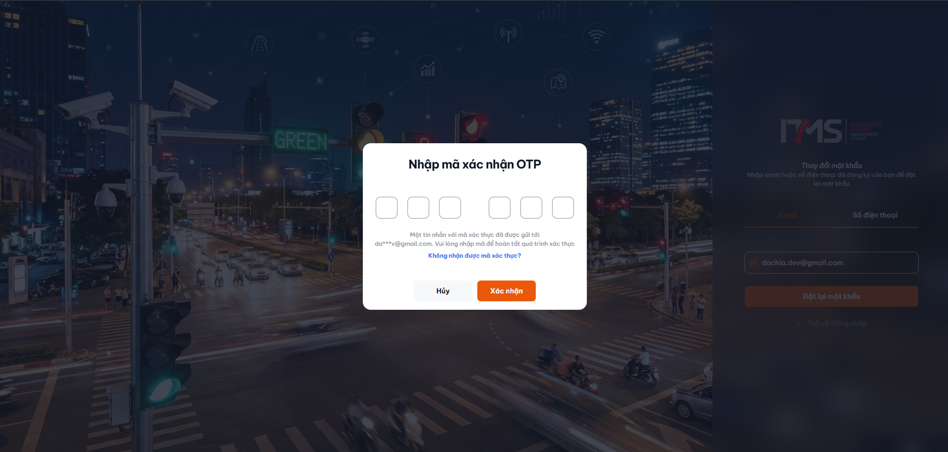 Hộp thoại nhập mã xác nhận OTP khôi phục mật khẩu