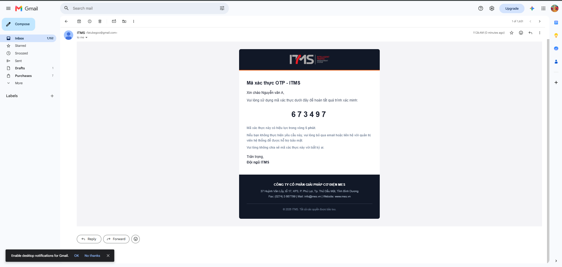 Email thực tế nhận được chứa mã OTP