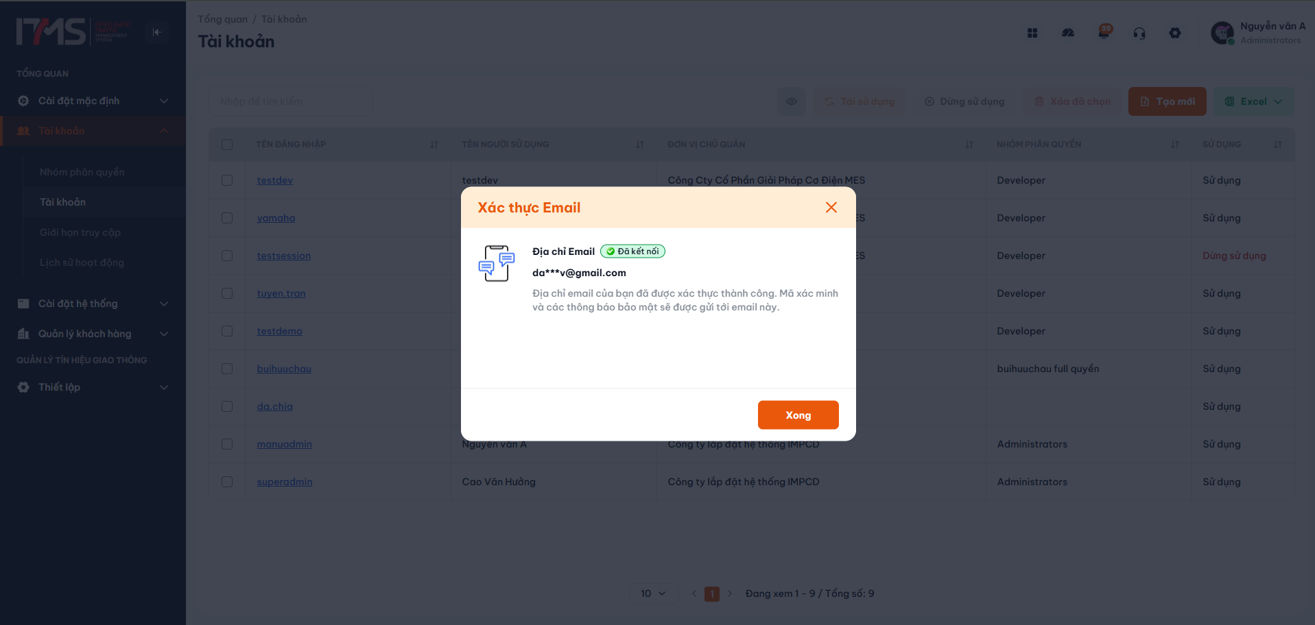 Giao diện kết nối email thành công