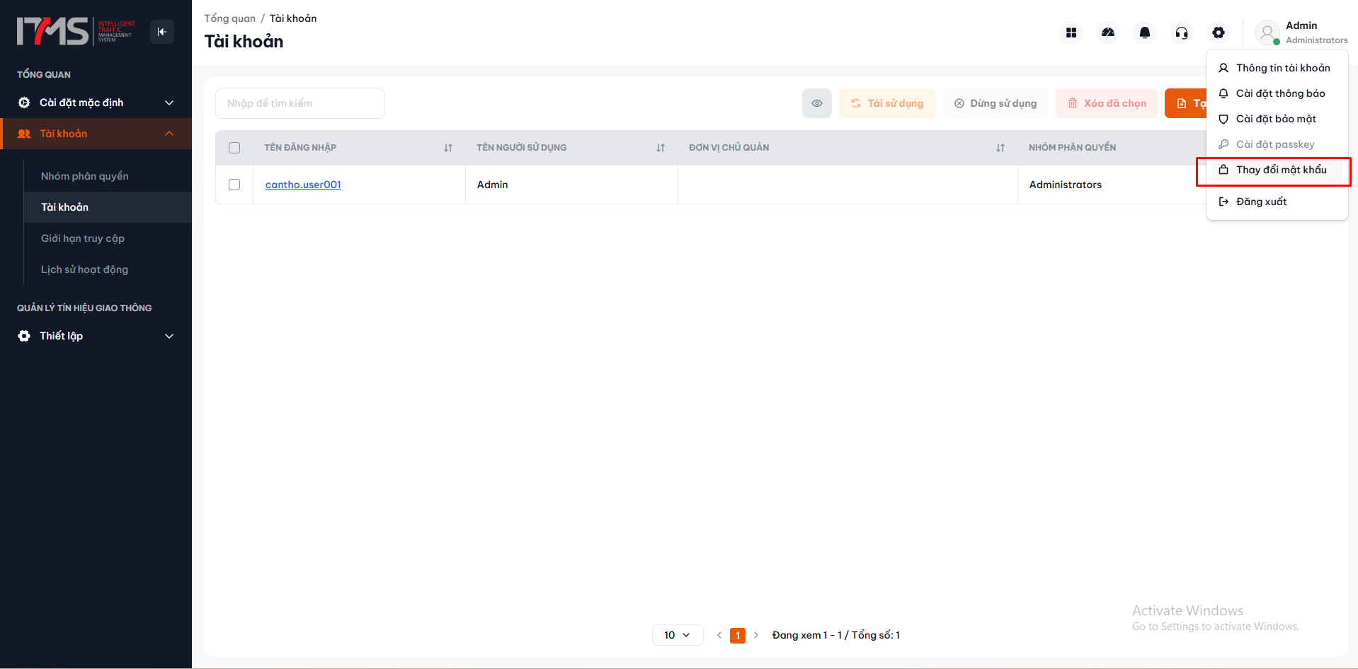 Vị trí tính năng Thay đổi mật khẩu trên menu Avatar người dùng