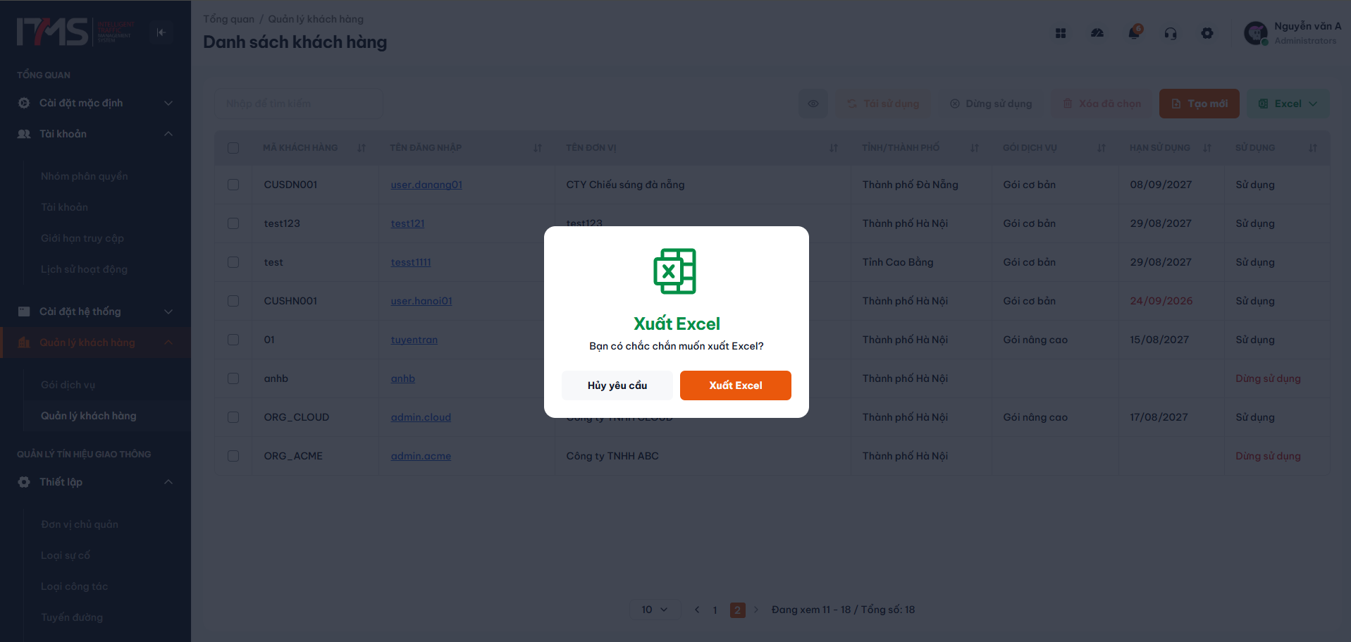 Hộp thoại xác nhận xuất dữ liệu Excel