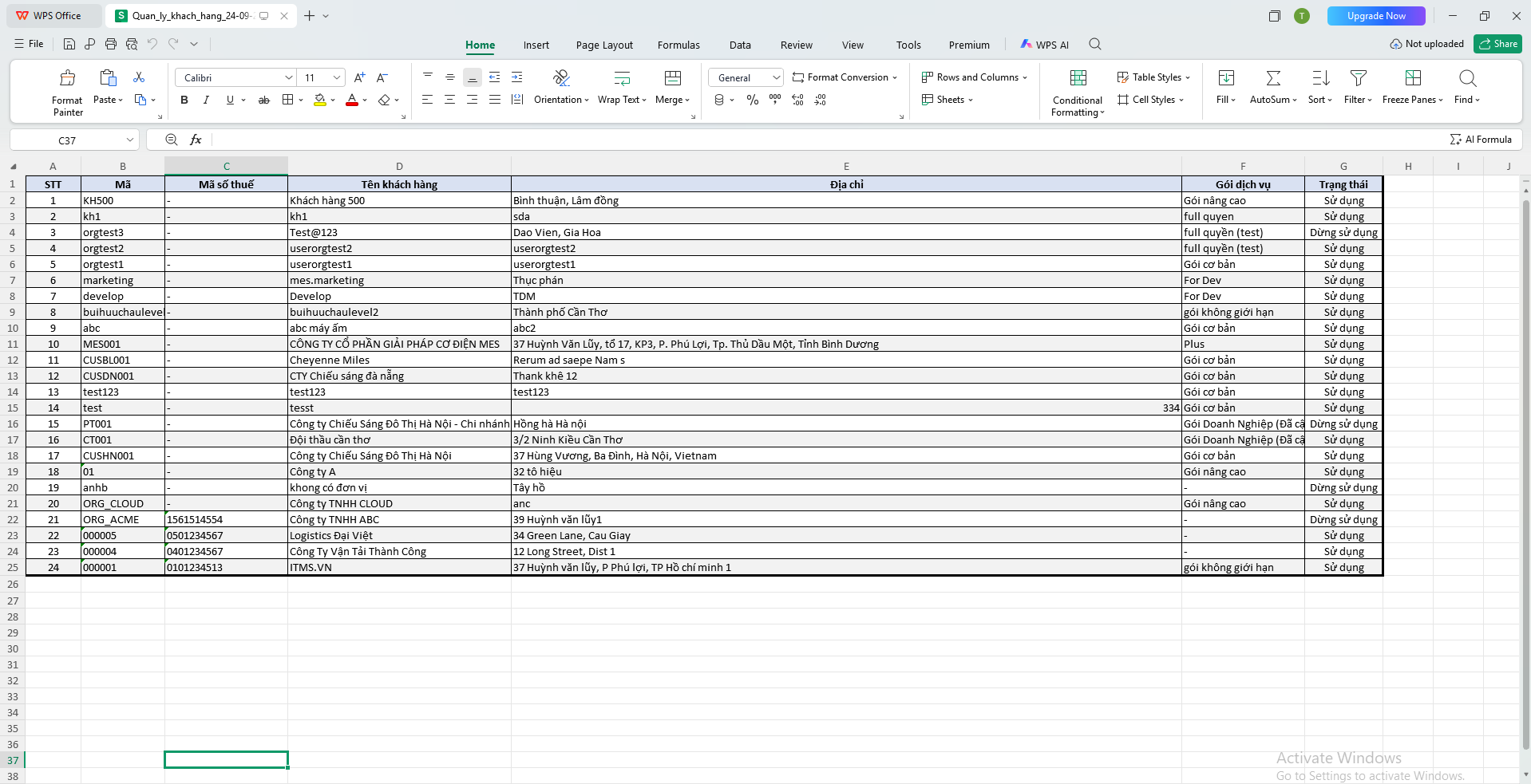 Nội dung tệp Excel danh sách khách hàng sau khi xuất