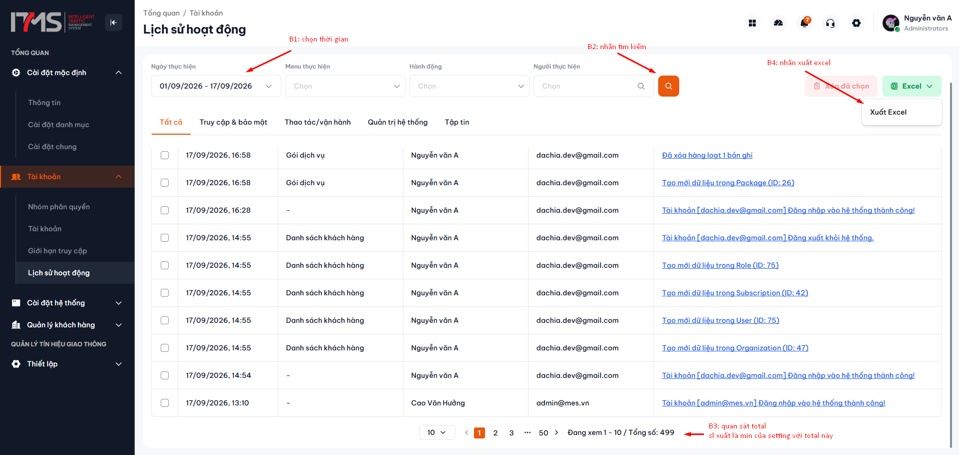 Vị trí nút Xuất Excel