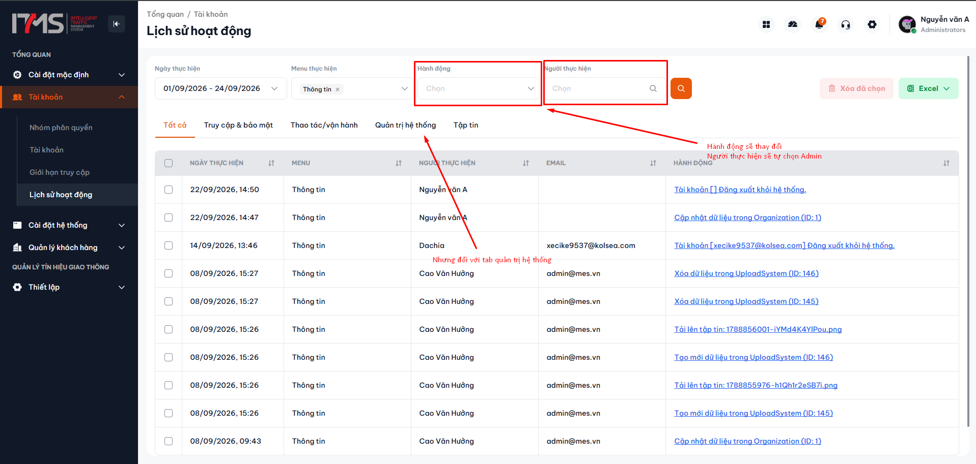 Chuyển sang thẻ sự kiện Hệ thống hoặc File
