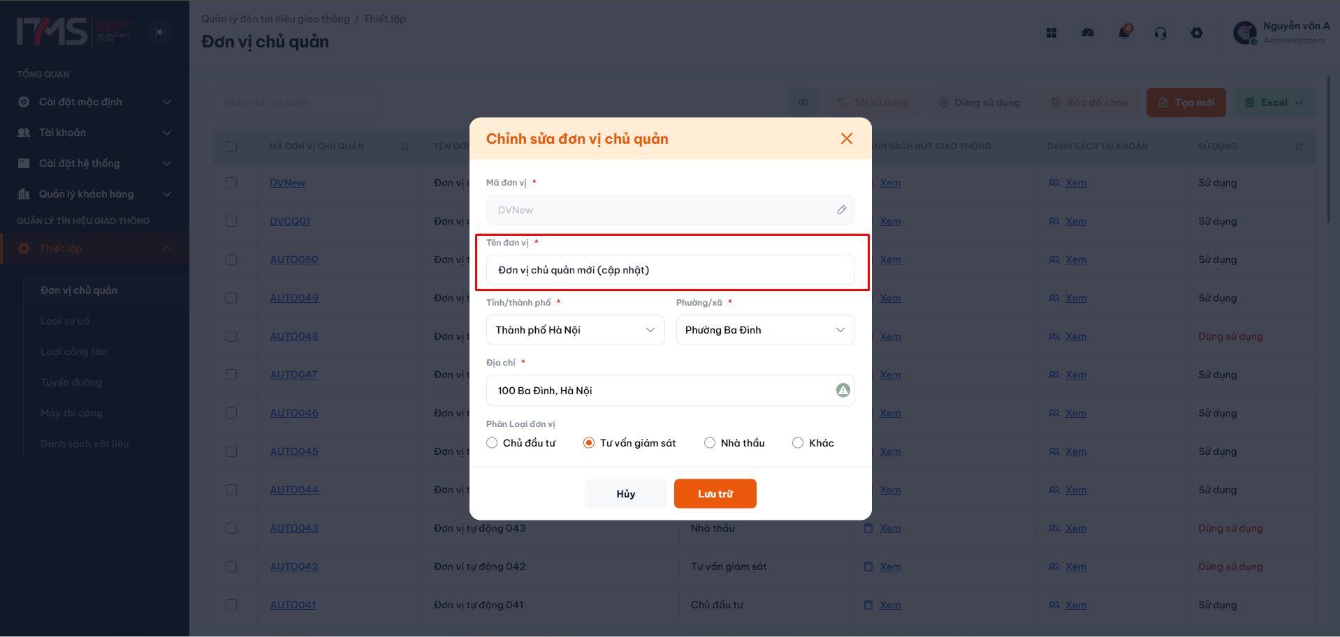 Chỉnh sửa tên và thông tin đơn vị