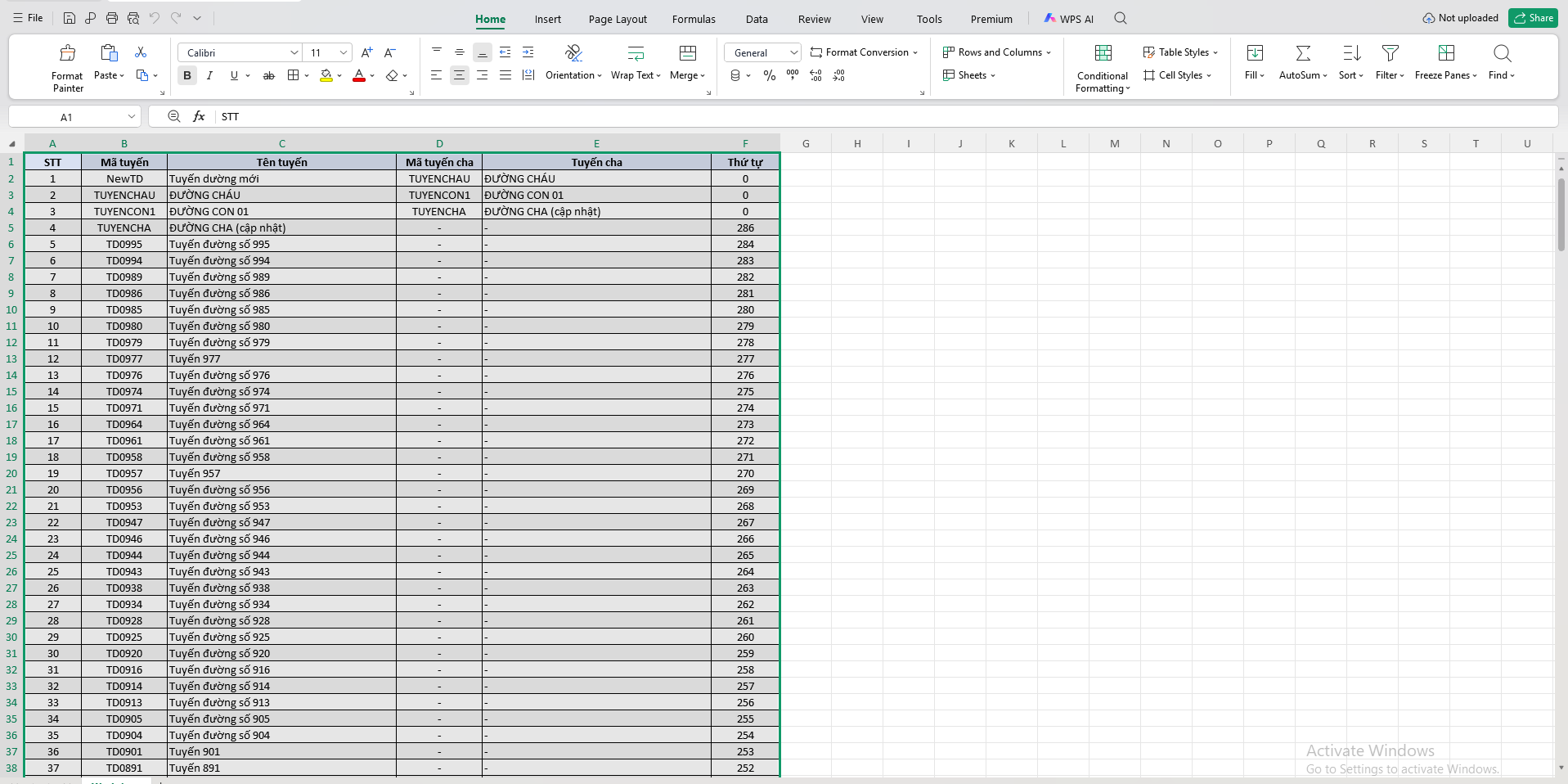 Kết quả xuất file Excel danh mục tuyến đường thành công