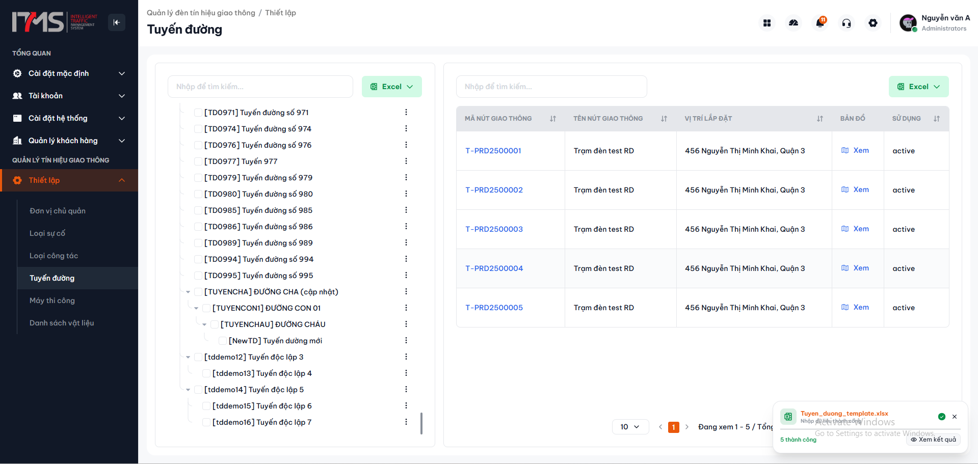 Kết quả nạp dữ liệu Excel thành công vào hệ thống