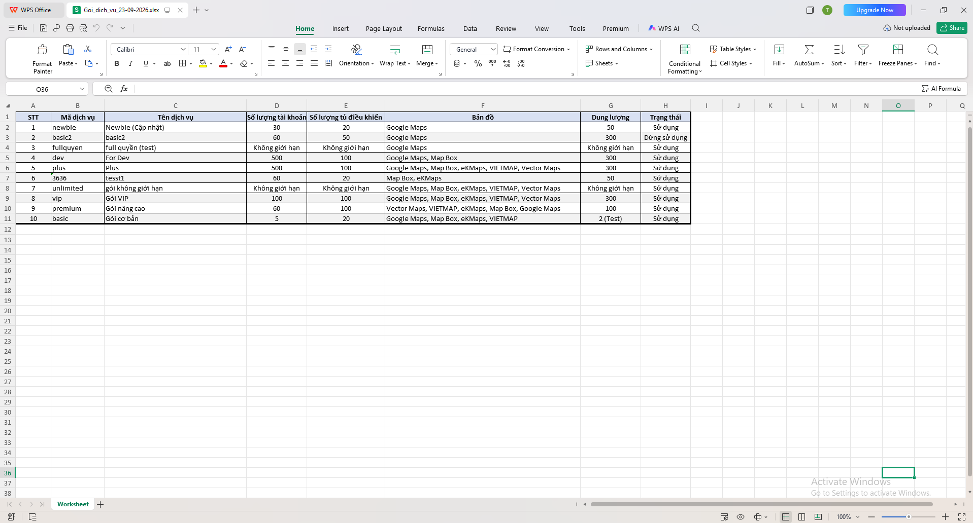 Nội dung tệp Excel danh sách gói dịch vụ sau khi xuất