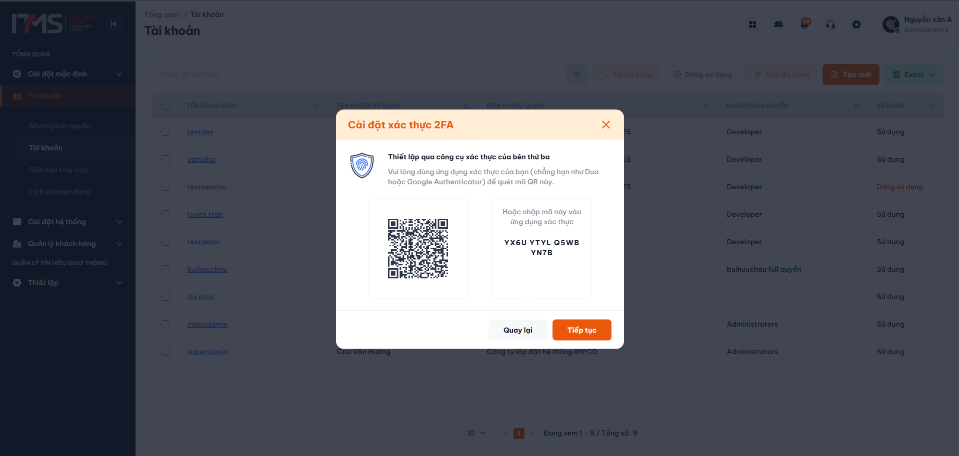 Giao diện hiển thị Mã QR và Khóa bí mật