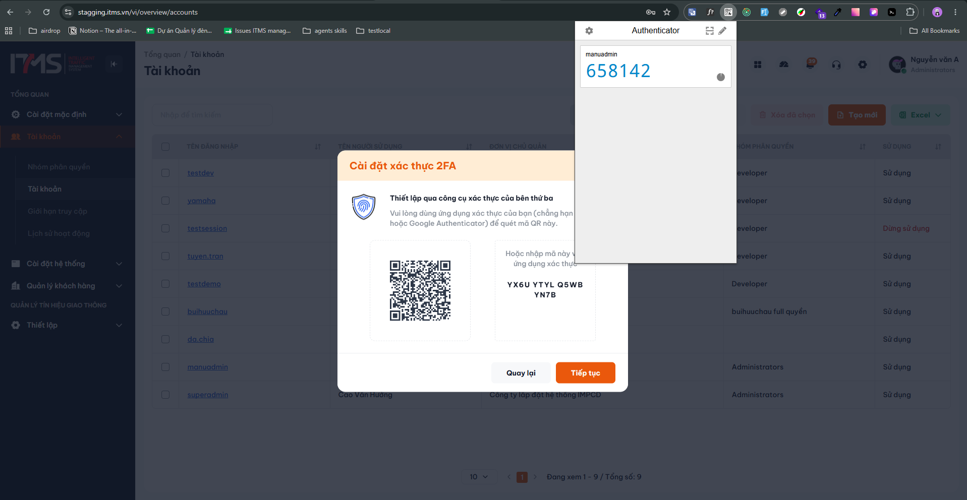 Ứng dụng Authenticator đã kết nối và hiển thị mã xác nhận