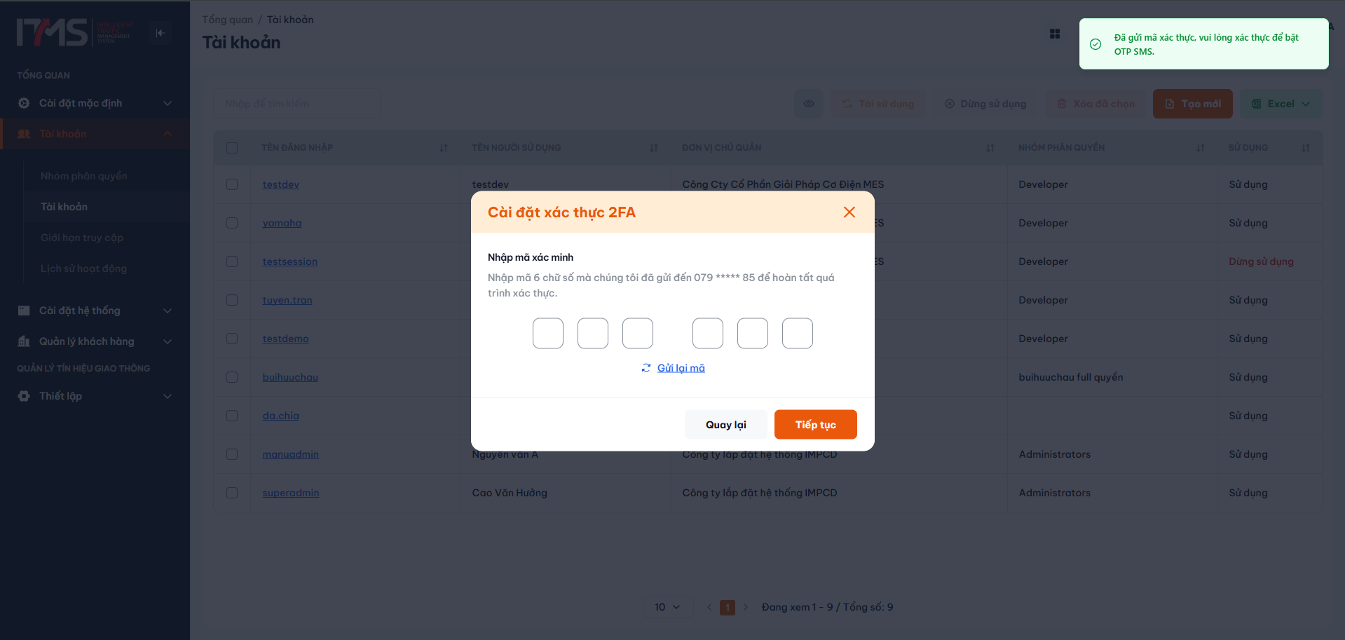 Nhập mã xác minh 6 số gửi qua SMS